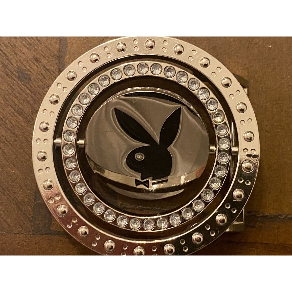 Playboy Spinning Belt Buckle Rhinestone Rare Silver Tone